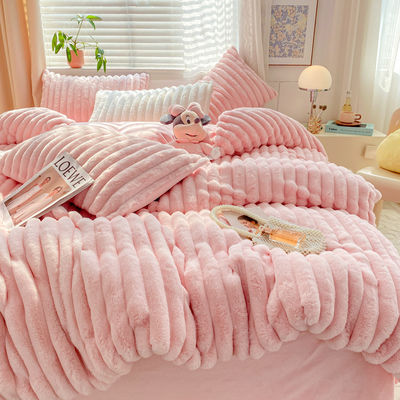 Ζεστό Furry Design Rabbit False Fur Fluffy Plush Ζεστό Καλυμμένο Καπάκι Σετ Τέσσερα Κομματάκια Σετ κρεβατιού