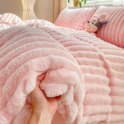 Ζεστό Furry Design Rabbit False Fur Fluffy Plush Ζεστό Καλυμμένο Καπάκι Σετ Τέσσερα Κομματάκια Σετ κρεβατιού