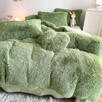 RTS Moss Green Color Luxury Shaggy Warm Mink Velvet Crystal Bedding Set για τον χειμώνα