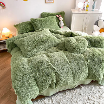 RTS Moss Green Color Luxury Shaggy Warm Mink Velvet Crystal Bedding Set για τον χειμώνα