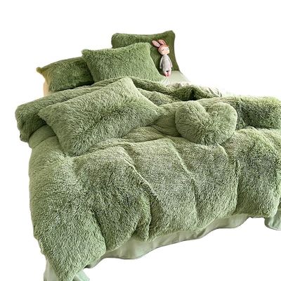 Ins Moss Green Luxury Shaggy Warm Mink Velvet Crystal Bed linen Set για χειμερινά σεντόνια